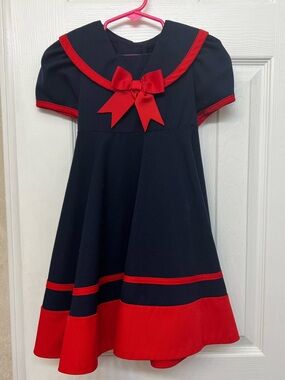 Girl's Navy & Red Sailor Style Dress with Bow